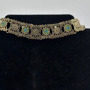 Vintage gold Tone Filigree Choker Necklace Blue Green Choker Boho Statement